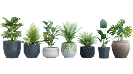 A row of potted plants on a clean white background. Perfect for home decor or gardening concepts