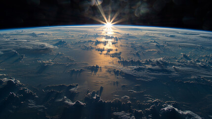 Vista mozzafiato di un'alba blu sopra l'orizzonte terrestre dallo spazio, con nuvole e stelle...