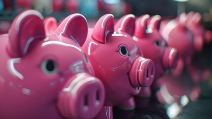 Obraz premium A row of pink piggy banks sitting on top of a table. Great for financial concepts