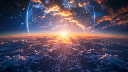 Vista mozzafiato di un'alba blu sopra l'orizzonte terrestre dallo spazio, con nuvole e stelle scintillanti - obrazy, fototapety, plakaty