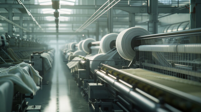 A modern textile weaving mill with weaving machines and yarns, momentarily still but ready to produce fabrics with intricate patterns and textures