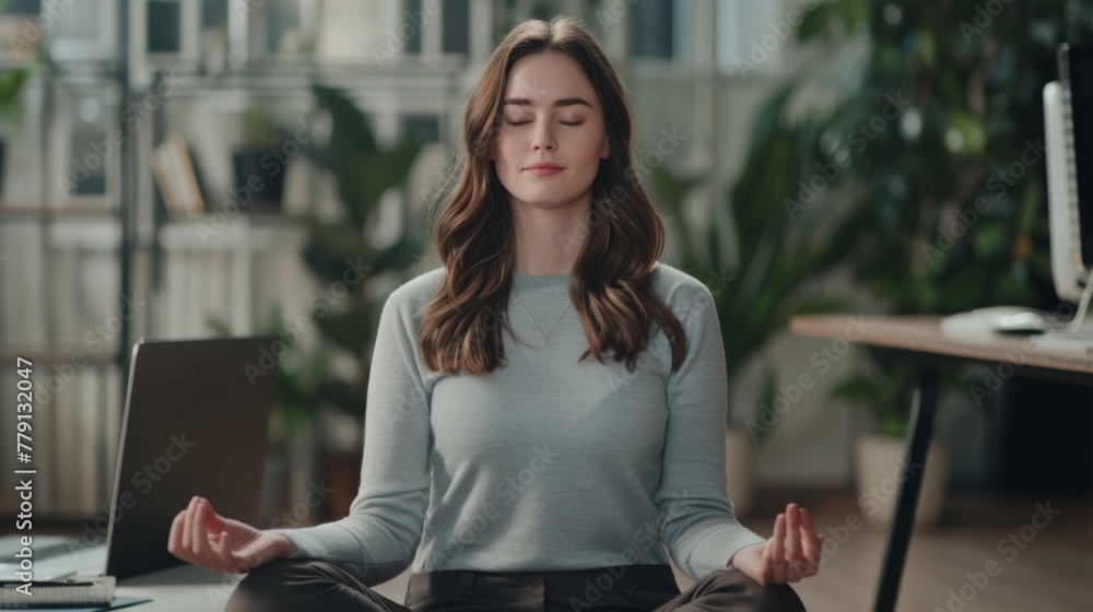 Poster Woman Meditating in Modern Office