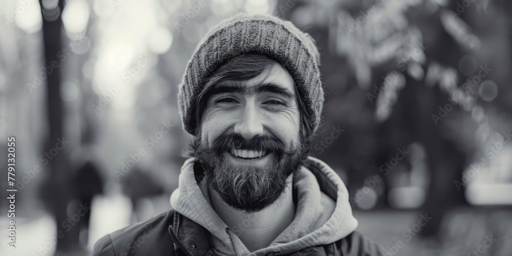 Poster a striking black and white portrait of a man with a beard. perfect for a variety of design projects