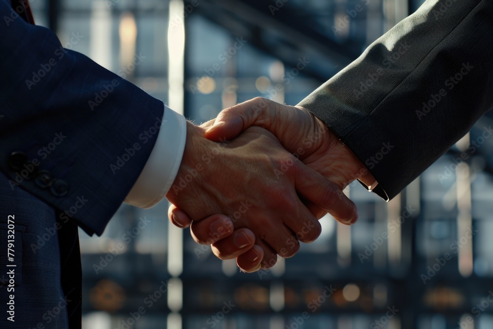 Poster close up image of two people shaking hands. suitable for business and partnership concepts