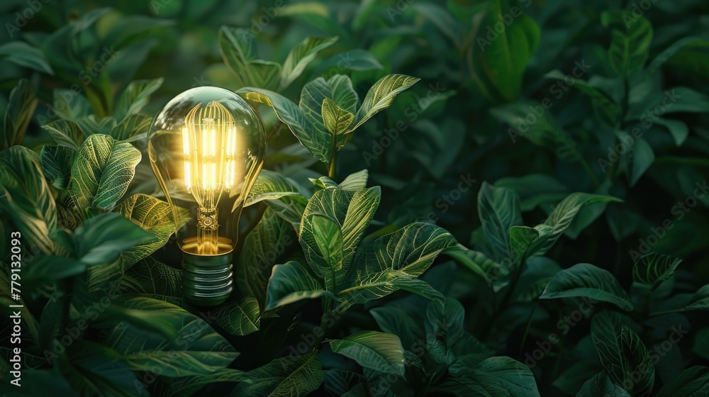Poster a light bulb shining on a lush green field, suitable for various concepts.