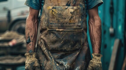 Obraz premium A man wearing a dirty apron and gloves. Suitable for industrial or messy work concepts
