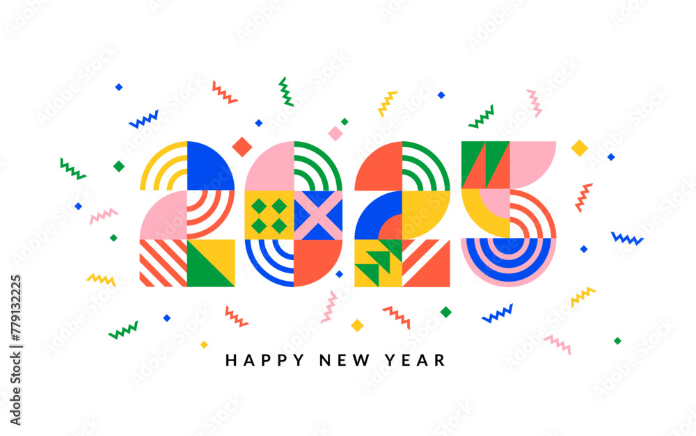 Wall mural 2025 new year banner with numbers from simple geometric shapes and figures inside confetti. template