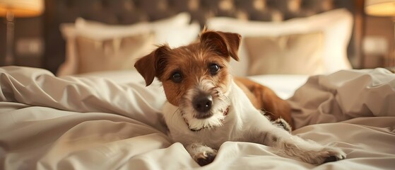 Pampered Pooch Relaxes in Cozy Hotel Luxury. Concept Luxury Dog Hotels, Posh Pet Accommodations, Pampered Pooches, Canine Comfort, Upscale Pet Resorts - obrazy, fototapety, plakaty