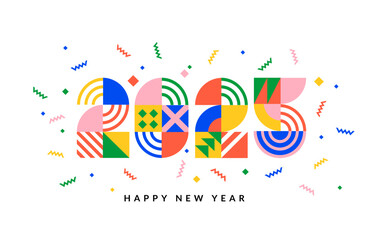 2025 New Year banner with numbers from simple geometric shapes and figures inside confetti. Template for greeting card, invitation, poster, flyer, web.Vector illustration isolated on white background.