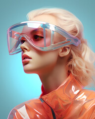 Close-up fashion portrait of a glamour woman wearing glasses in neon light