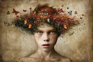 A woman wearing a crown of colorful butterflies perched delicately on her head, creating a whimsical and enchanting scene