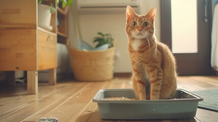 A cat sitting in a litter box. Suitable for pet care concepts - obrazy, fototapety, plakaty