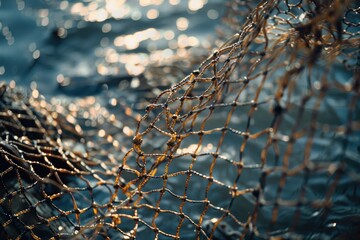 Close up of a fishing net with water background, ideal for fishing or aquatic themes - obrazy, fototapety, plakaty