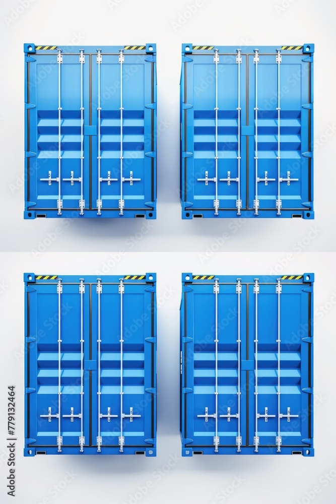 Poster set of four blue shipping containers on a white background. ideal for logistics and transportation c