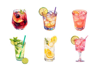 Watercolor illustrations of refreshing cocktails on transparent background. A sangria, a blue curacao drink, a pink cocktail, mojito, whiskey sour, and a margarita.
