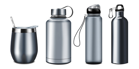 Stainless steel reusable drink container set. Vector mock-up. Tumbler thermo cup with lid and metal drinking straw, insulated water bottles. Realistic mockup
