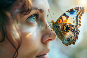 A woman is looking at a butterfly that is resting on her nose