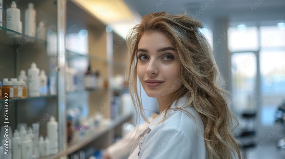 Poster A woman standing in front of a shelf filled with bottles. Suitable for product display concepts