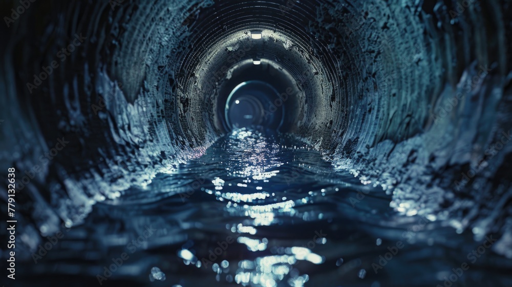 Poster a mysterious dark tunnel with water flowing through it. suitable for nature or adventure themes