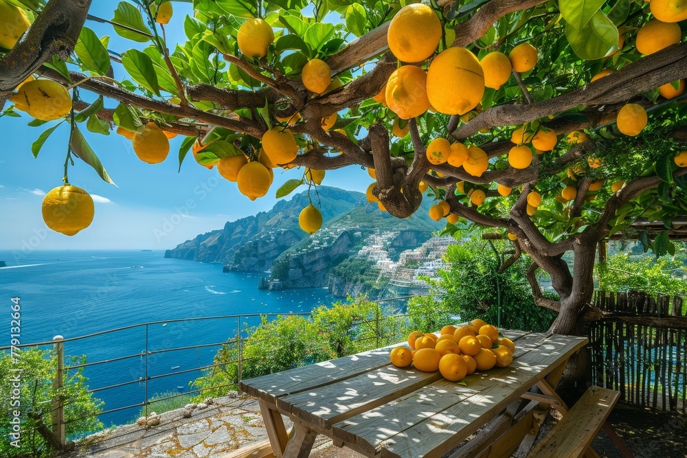 Aufkleber a vibrant display of fresh oranges arranged neatly on a rustic wooden table, creating a lively and i