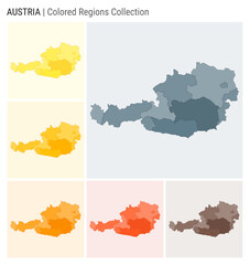 Austria map collection. Country shape with colored regions. Blue Grey, Yellow, Amber, Orange, Deep Orange, Brown color palettes. Border of Austria with provinces for your infographic.