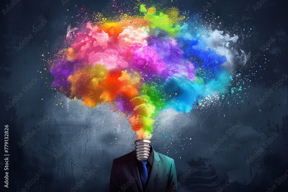 Poster A man in a suit standing with a vibrant cloud of smoke emerging from his head, creating a whimsical and surreal scene