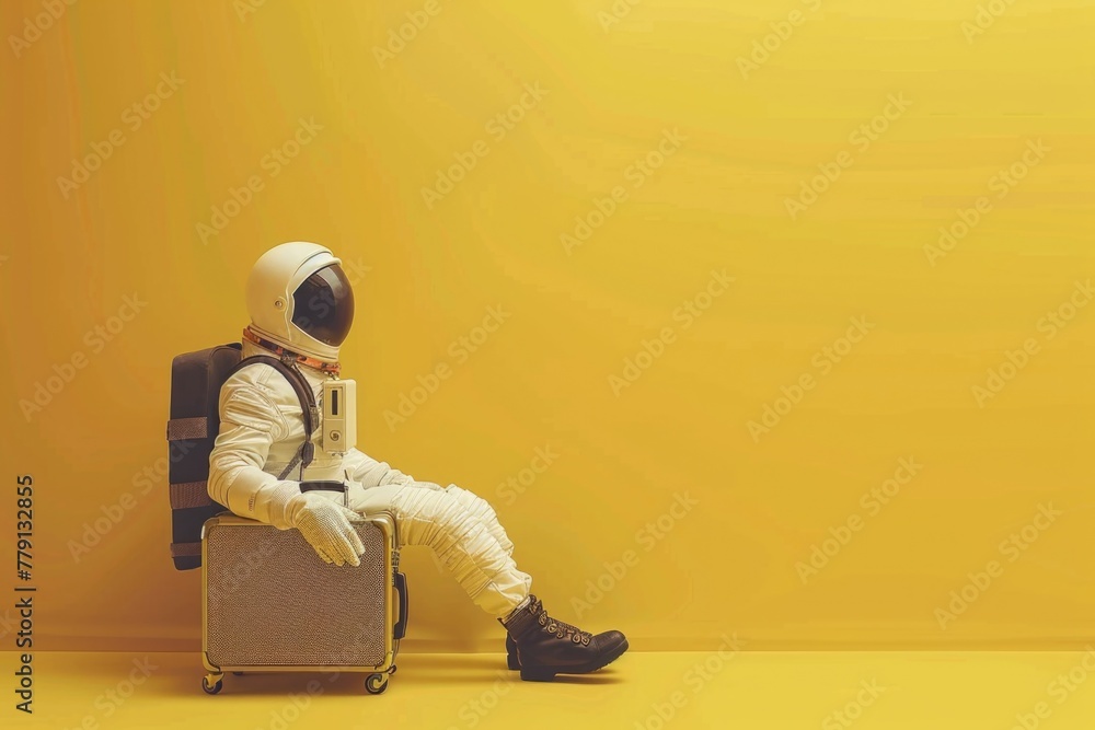 Poster astronaut in spacesuit sitting on suitcase, suitable for science fiction themes