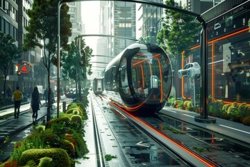 Futuristic Train Passing Tall Buildings in City