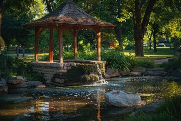 Peaceful gazebo sitting in tranquil pond. Ideal for nature and relaxation concepts