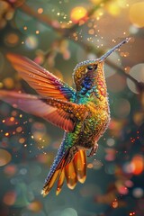Fototapeta premium A colorful hummingbird in mid-flight. Perfect for nature and wildlife projects