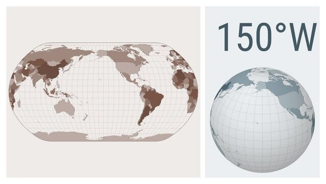 World Map Animation. Natural Earth projection. Colored countries style. Animated world map in Natural Earth 1 projection. Loopable animation showing longitude shift and matching globe.