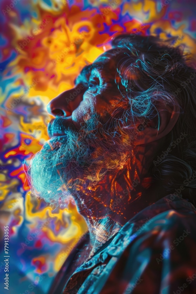 Poster portrait of a man with long hair and a beard. suitable for various projects