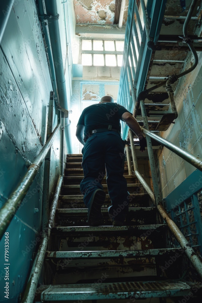 Poster A man ascending a flight of stairs. Suitable for business and motivation concepts
