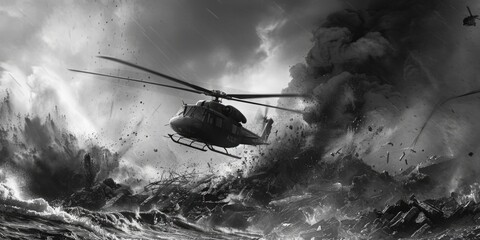 A dramatic scene of a helicopter soaring above a massive wave. Perfect for illustrating extreme weather events