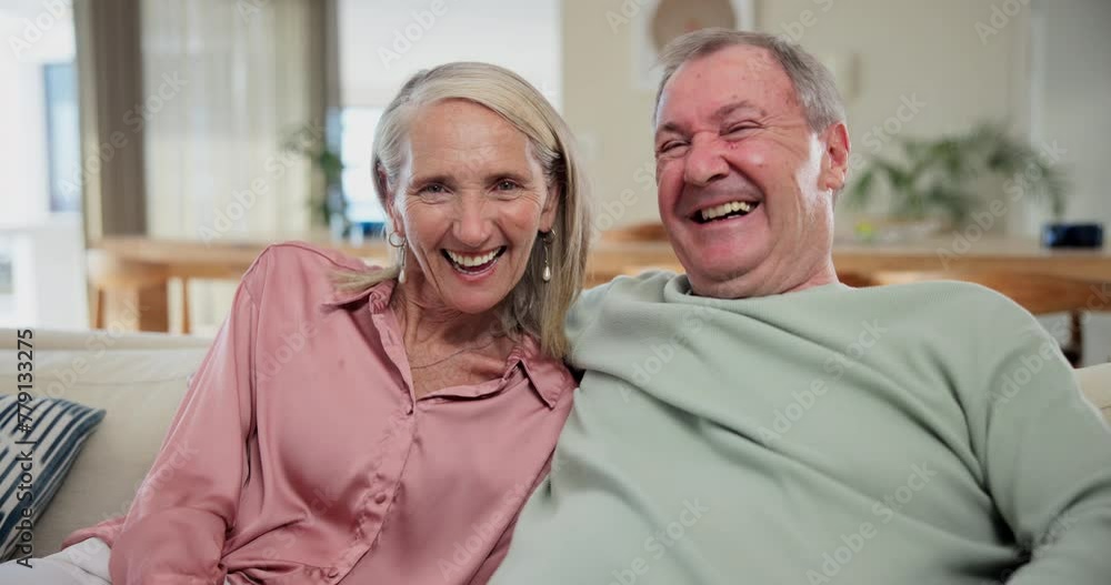 Sticker Smile, face and senior couple on sofa in living room at home relaxing, bonding and embracing. Happy, love and portrait of elderly man and woman in retirement hugging with care in lounge at house.