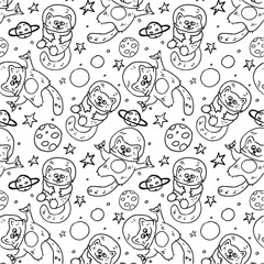 Seamless pattern with cats astronauts in space. Pattern with stars and planets on a light background. For children's bedding or children's wallpaper.