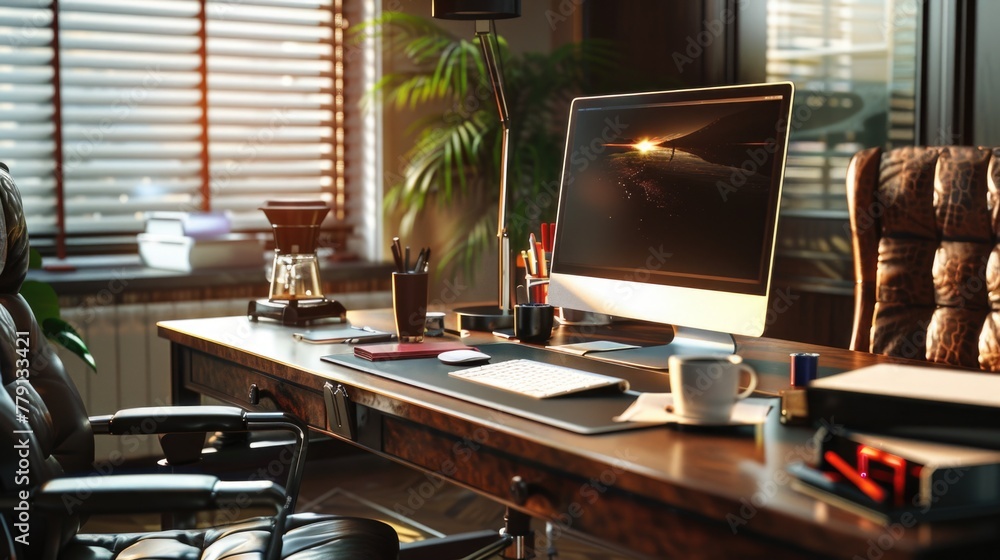 Poster a computer monitor on a wooden desk, suitable for office or workspace concepts
