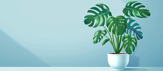 A houseplant in a flowerpot sits on a table in front of a blue wall, adding a touch of nature to the indoor landscape - obrazy, fototapety, plakaty
