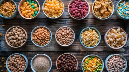 Various types of cereal in bowls on wooden table. Great for breakfast concept