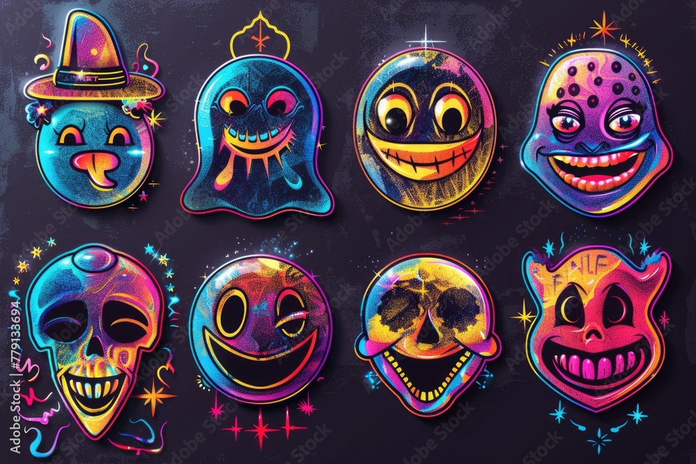 Poster a collection of cartoon faces on a dark backdrop. ideal for various design projects