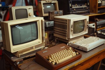 Collection of Old Computers on Table
