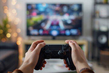 Close up of a man hands playing video game with joystick at home