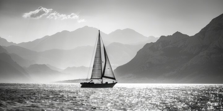 A black and white photo of a sailboat on the water. Suitable for nautical themes