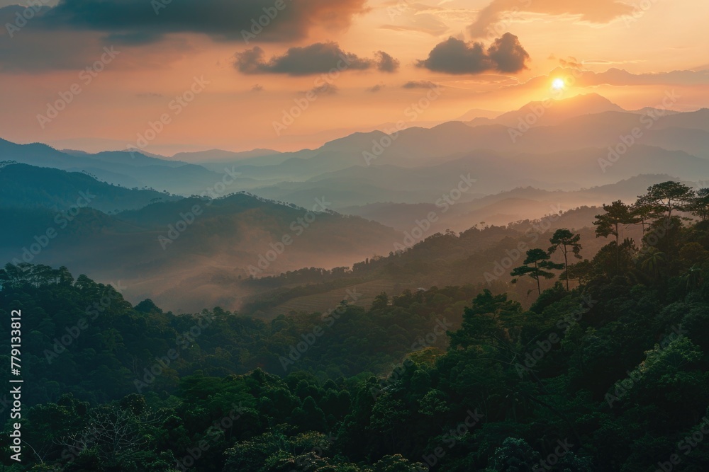 Poster scenic view of sun setting over distant mountains. suitable for nature and landscape themes