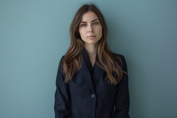 A woman in a black jacket stands in front of a blue wall