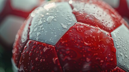 Close up of a soccer ball covered in water droplets, suitable for sports and fitness concepts