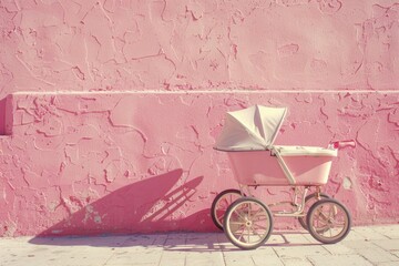 Fototapeta na wymiar A pink stroller placed against a matching pink wall. Suitable for baby product advertisements