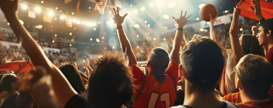 Basketball game from the perspective of the crowd, with fans cheering, waving banners, and showing support for their team