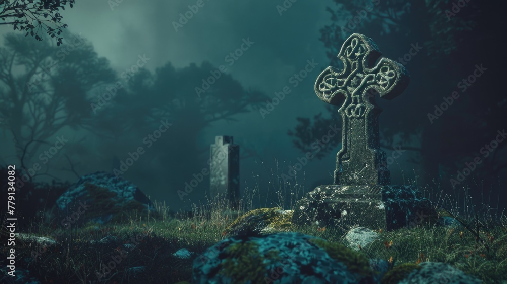 Poster a stone cross placed on a grass covered field. suitable for religious themes or historical concepts