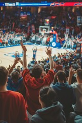 Basketball game from the perspective of the crowd, with fans cheering, waving banners, and showing support for their team